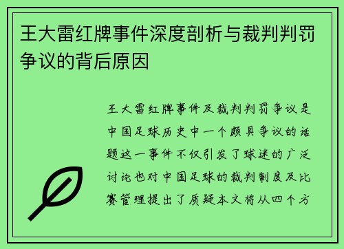 王大雷红牌事件深度剖析与裁判判罚争议的背后原因