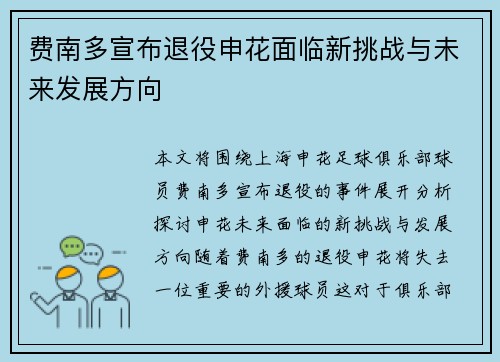 费南多宣布退役申花面临新挑战与未来发展方向